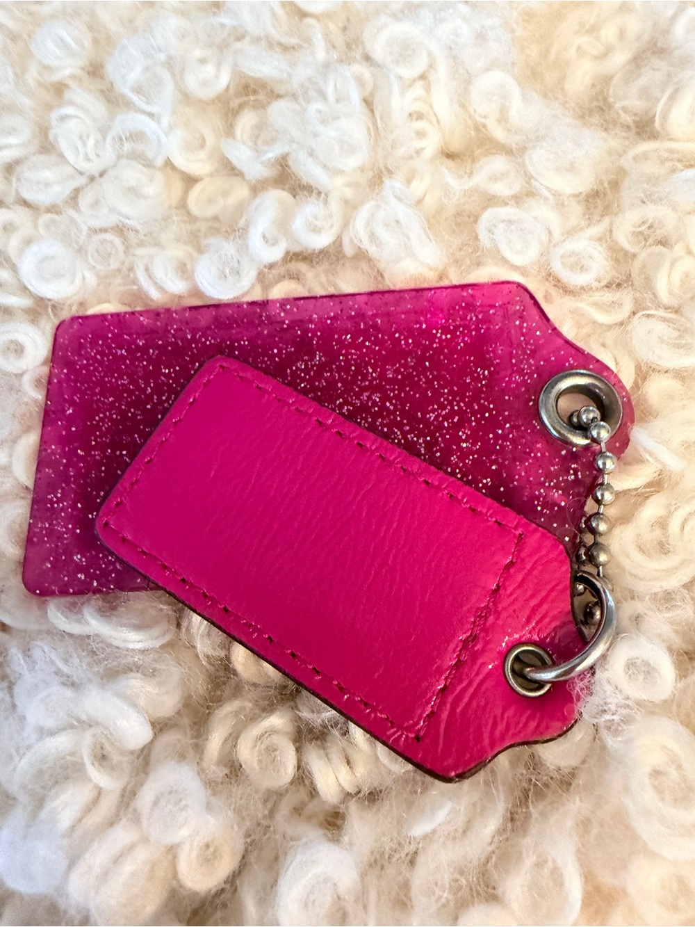 Coach Hot Pink Glitter Leather Tag Keychain - Picture 2 of 5